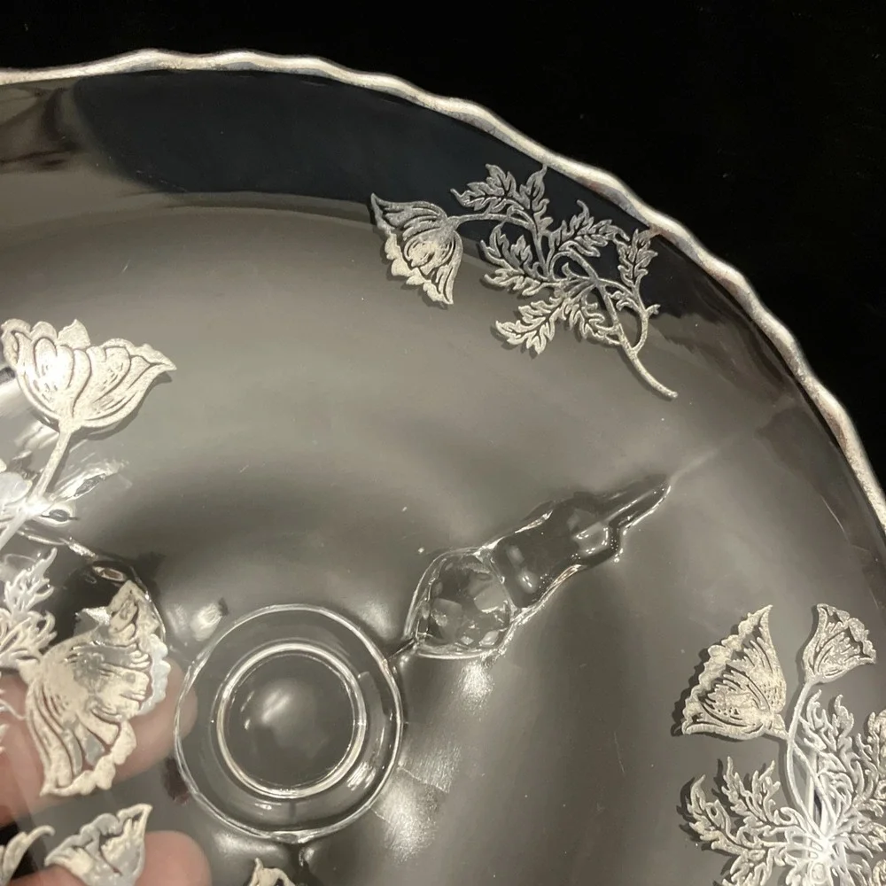 VTG Silver City Flanders Silver Overlay Glass Footed Tray Poppy Floral Design